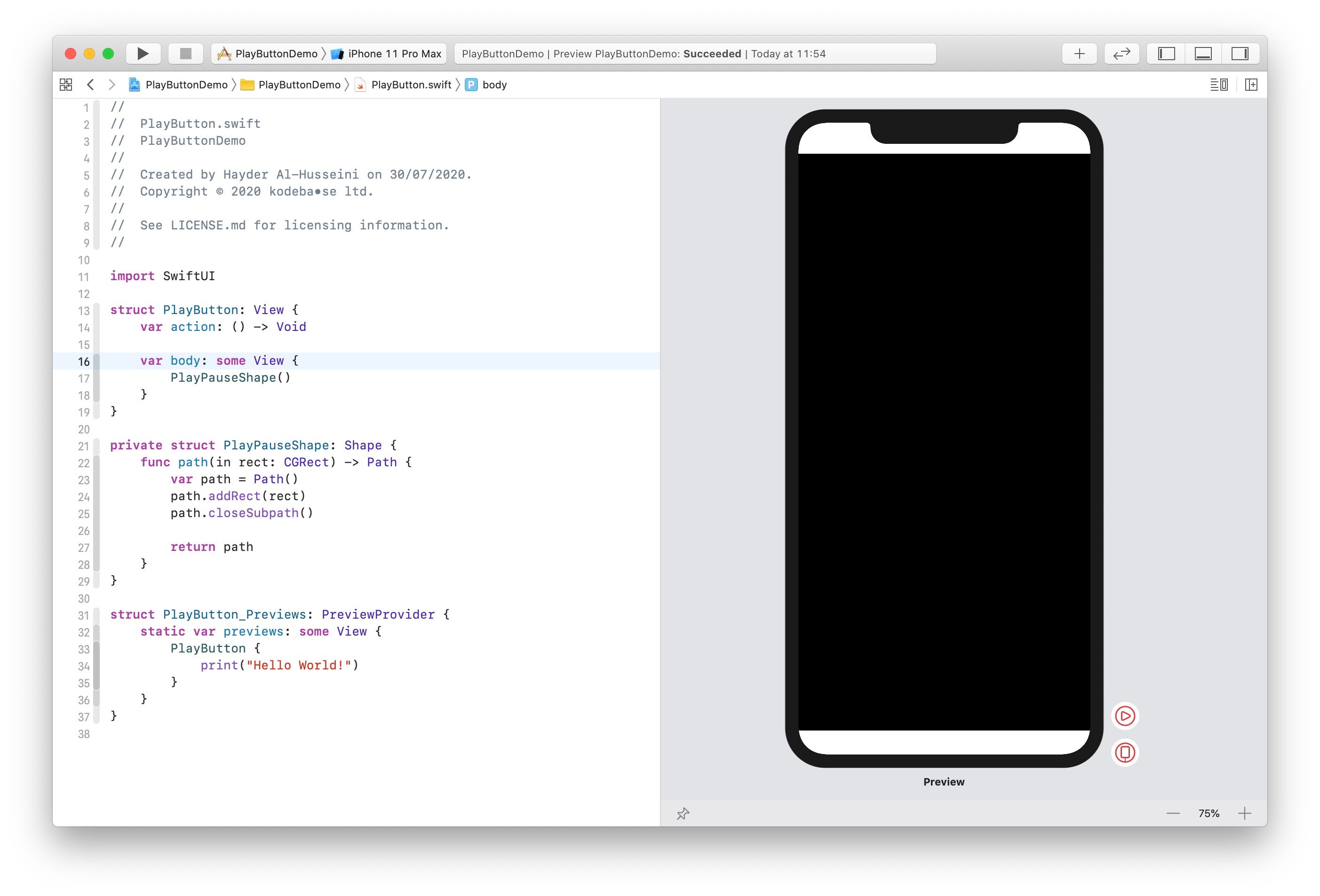 SwiftUI’s canvas showing the PlayPauseShape.