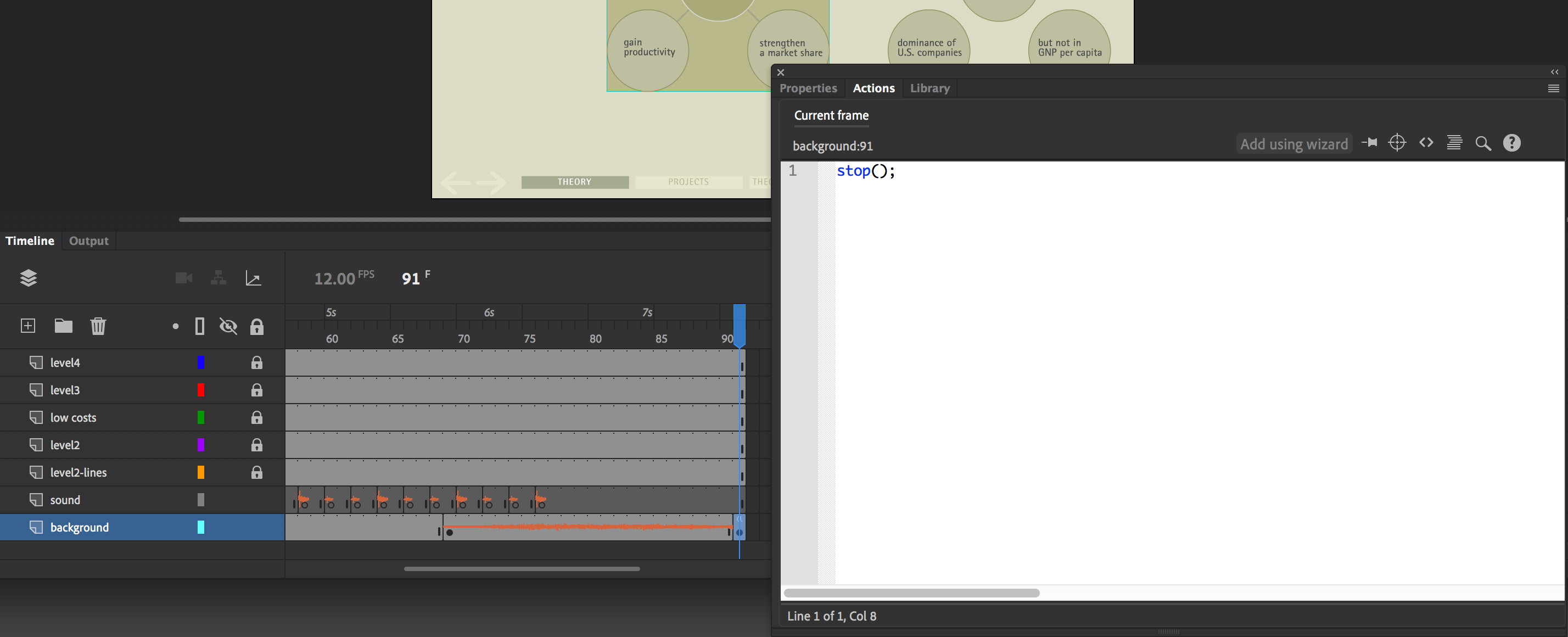 On the timeline, the last frame is highlighted, which is where an ActionScript code was added, shown in ActionScript window.