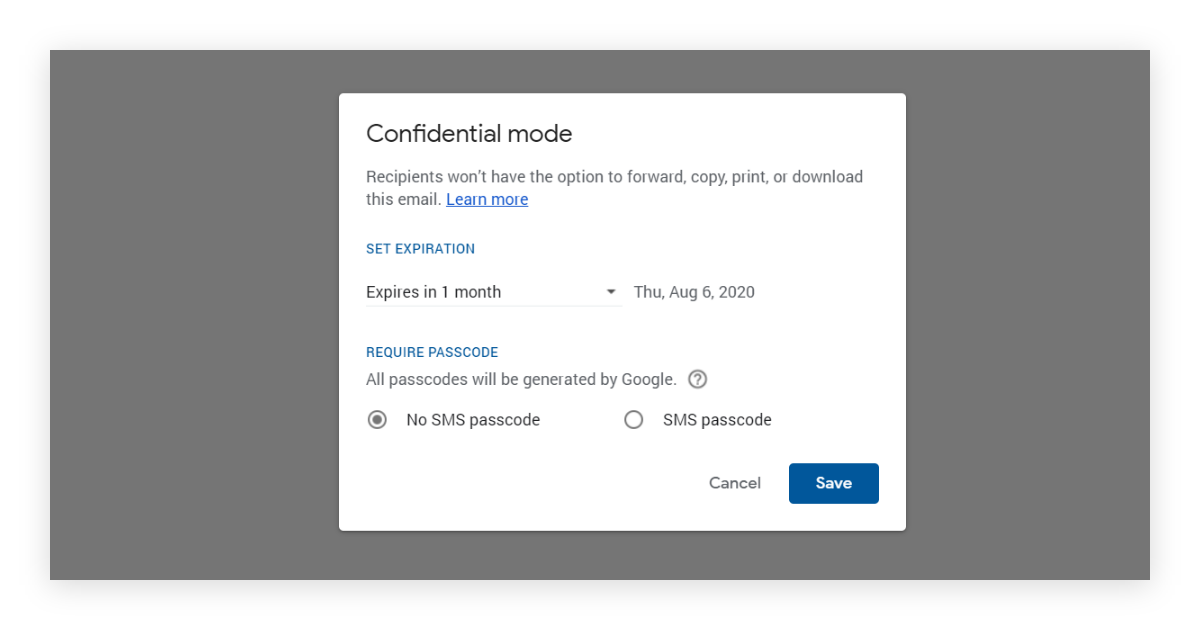 Confidential mode expiration options dialog in Gmail.