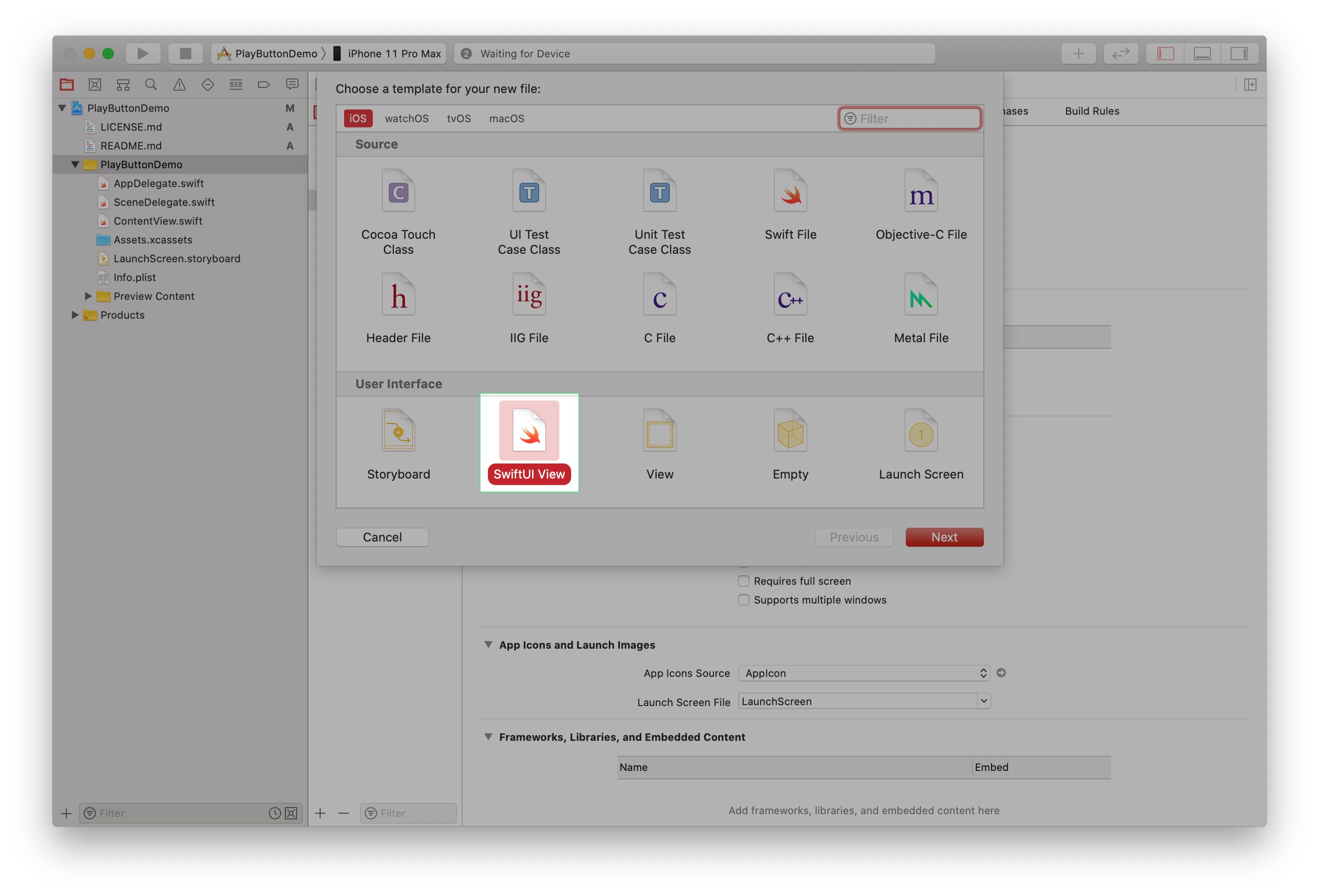 Xcode new file template with SwiftUI view selected.