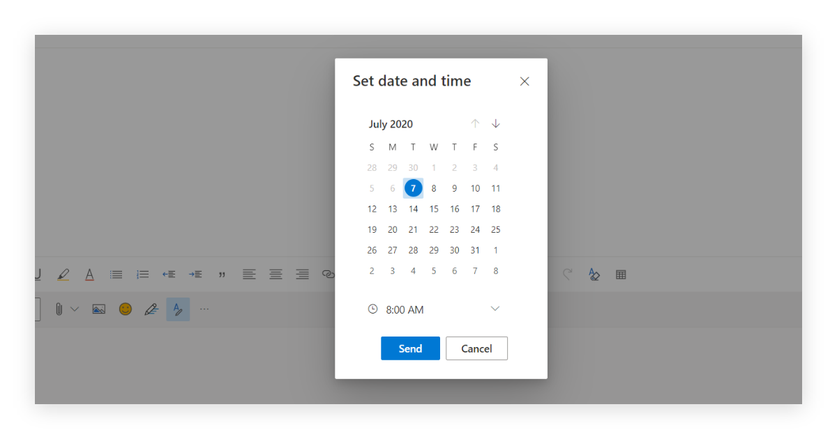 Scheduled send functionality and its datepicker in Outlook.