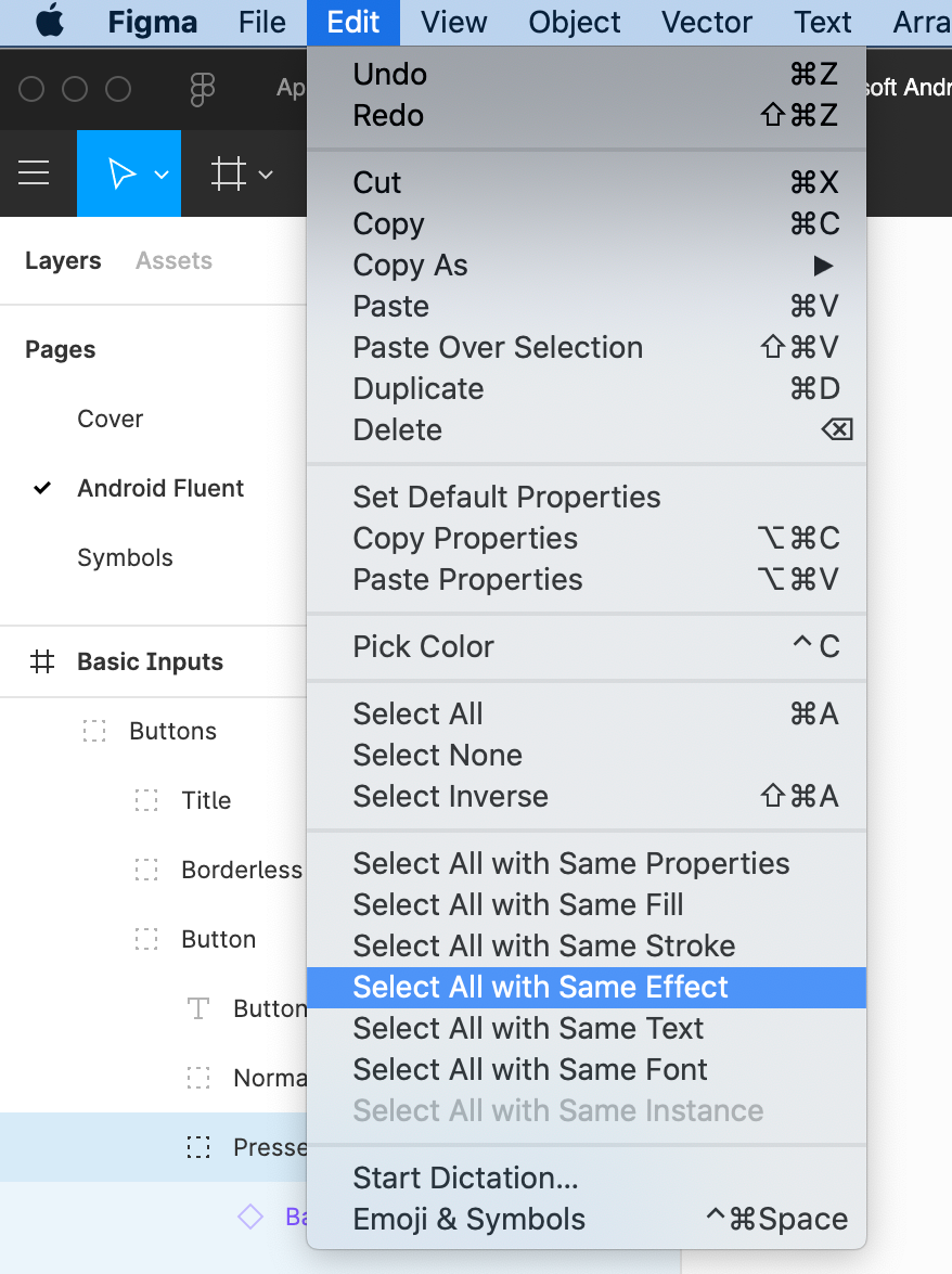 A screenshot of the Figma dropdown menu where you can select “Select All with Same Fill” etc