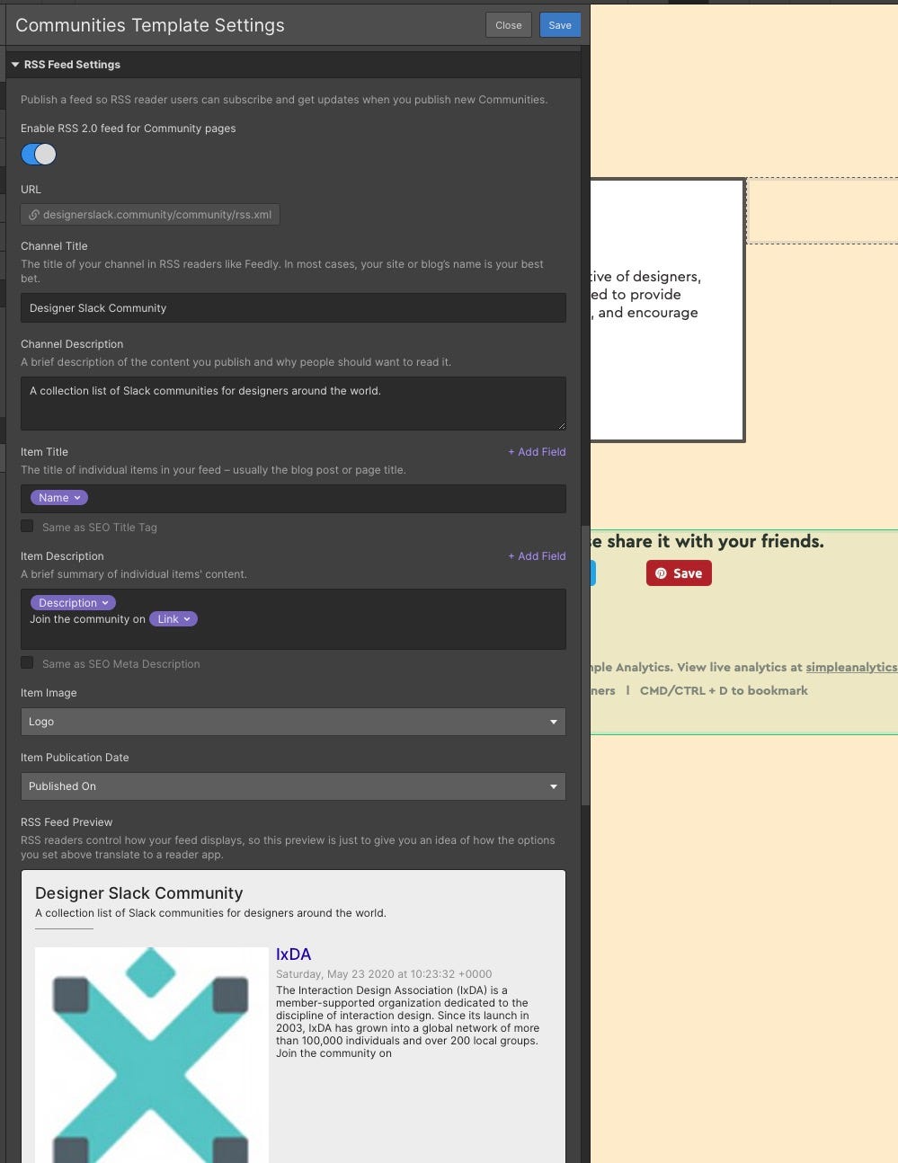 A screenshot of RSS feature in Webflow