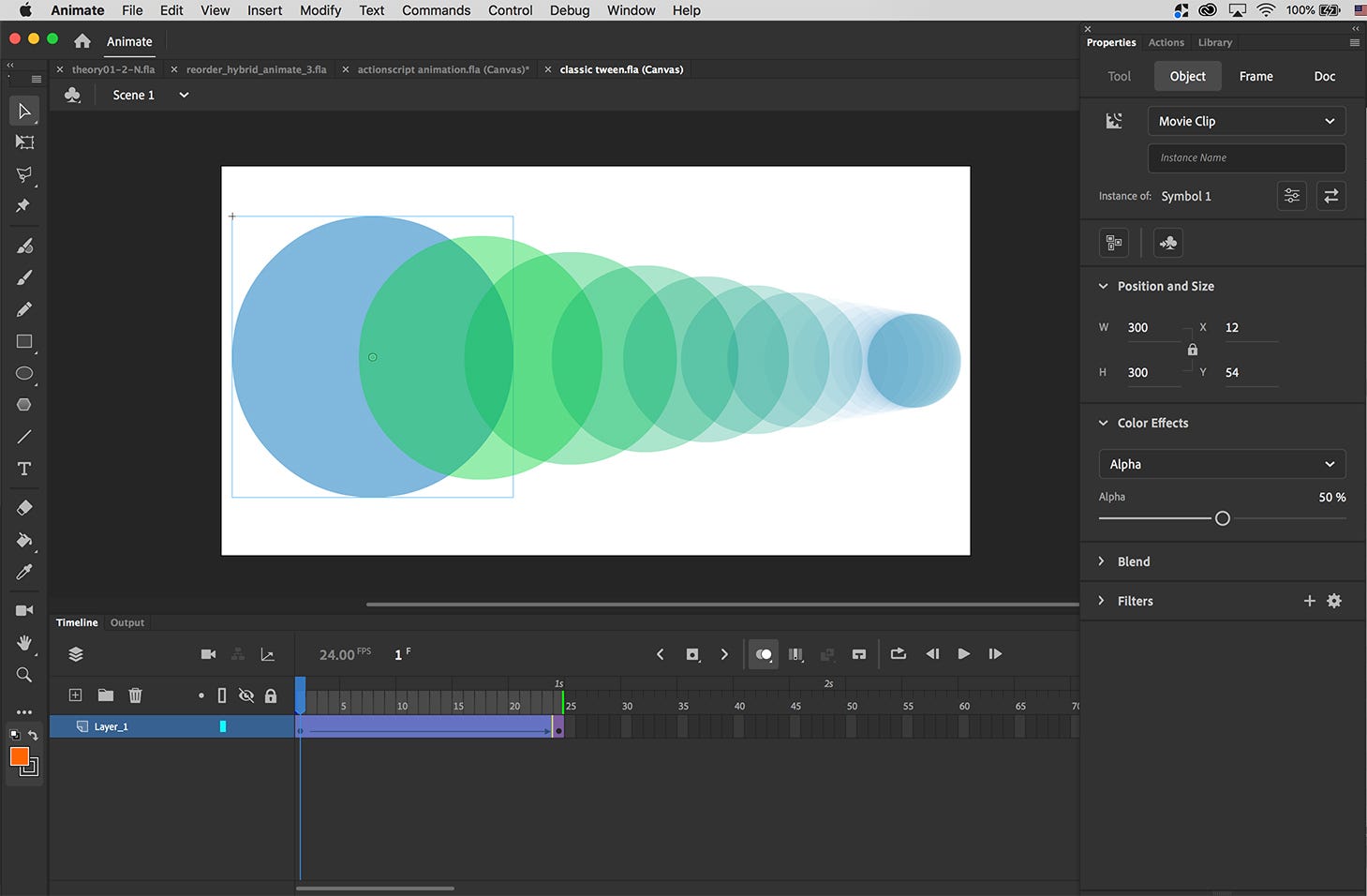 Showing an example of tween animation of a circle moving from left to right.