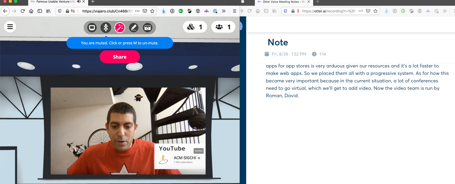Left: Mozilla Hubs playing a video. Right: Otter.ai transcribing the Hubs room.