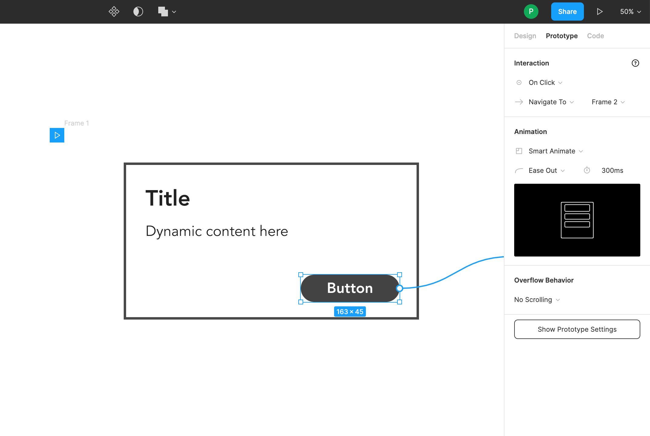 Screenshot of Figma’s prototype panel, showing the Smart Animation options