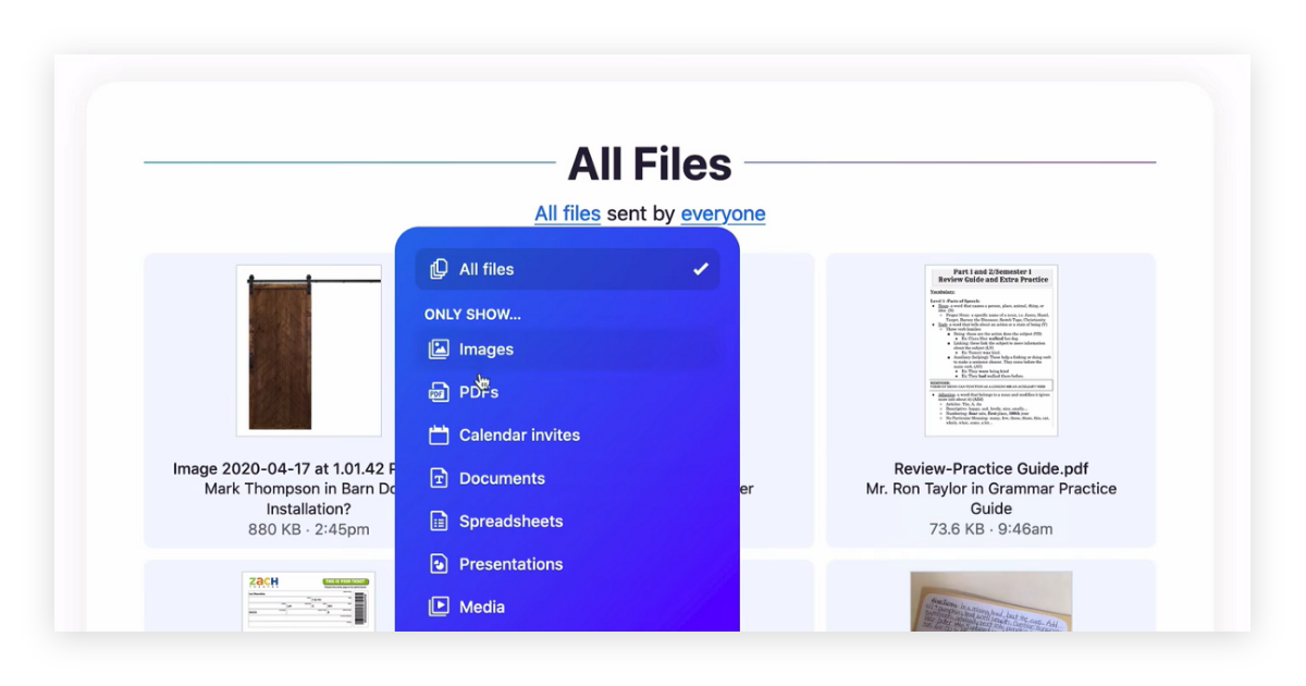 Dedicated files page in Hey with file type and sender filters.