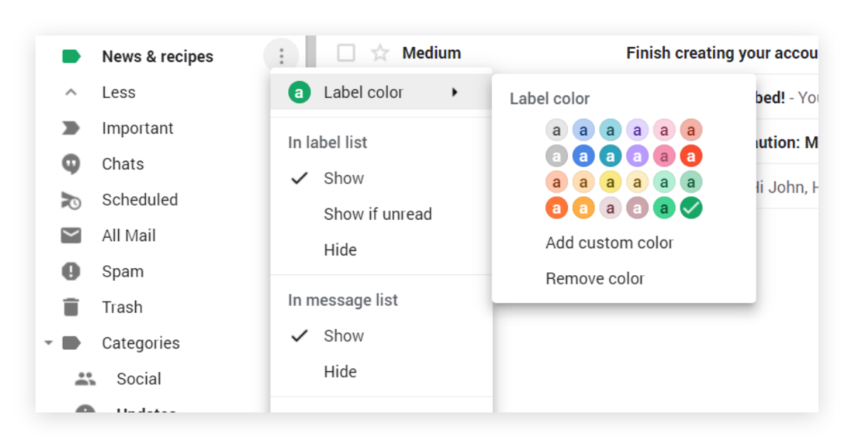 Label management in Gmail, including possible options.