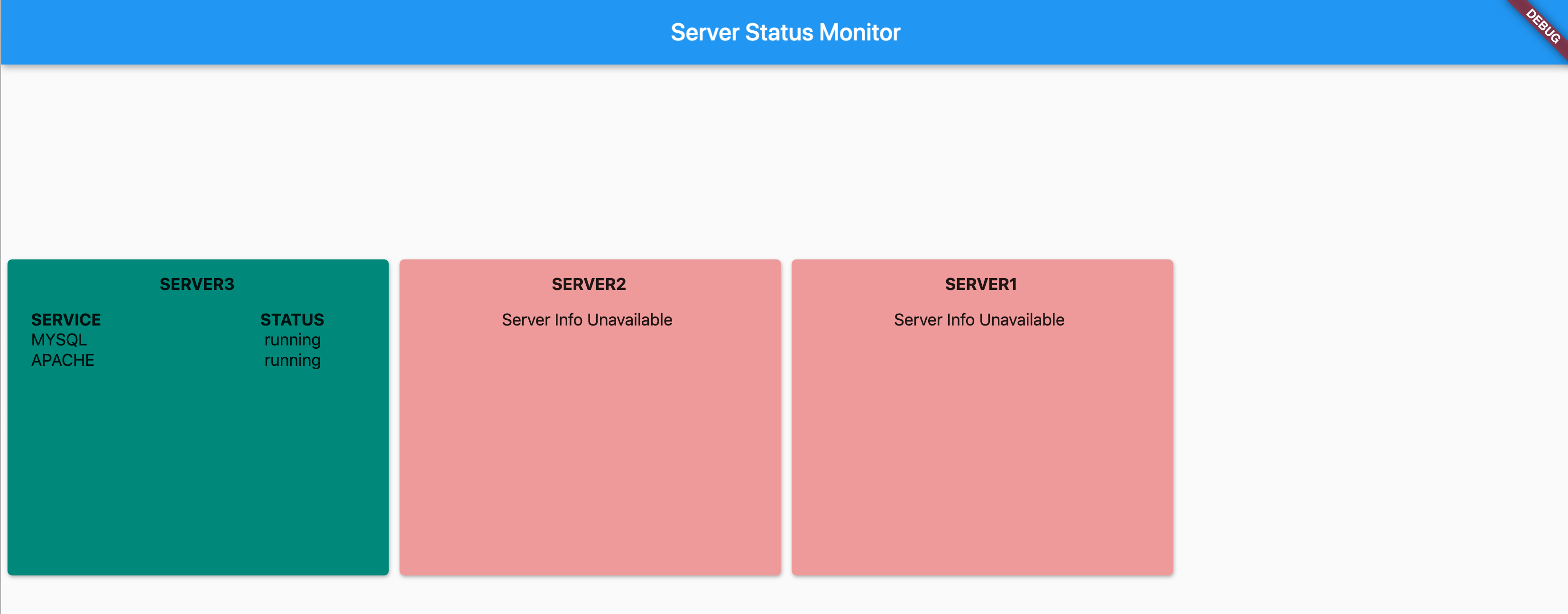 Grid Cards in Flutter showing Server Information.