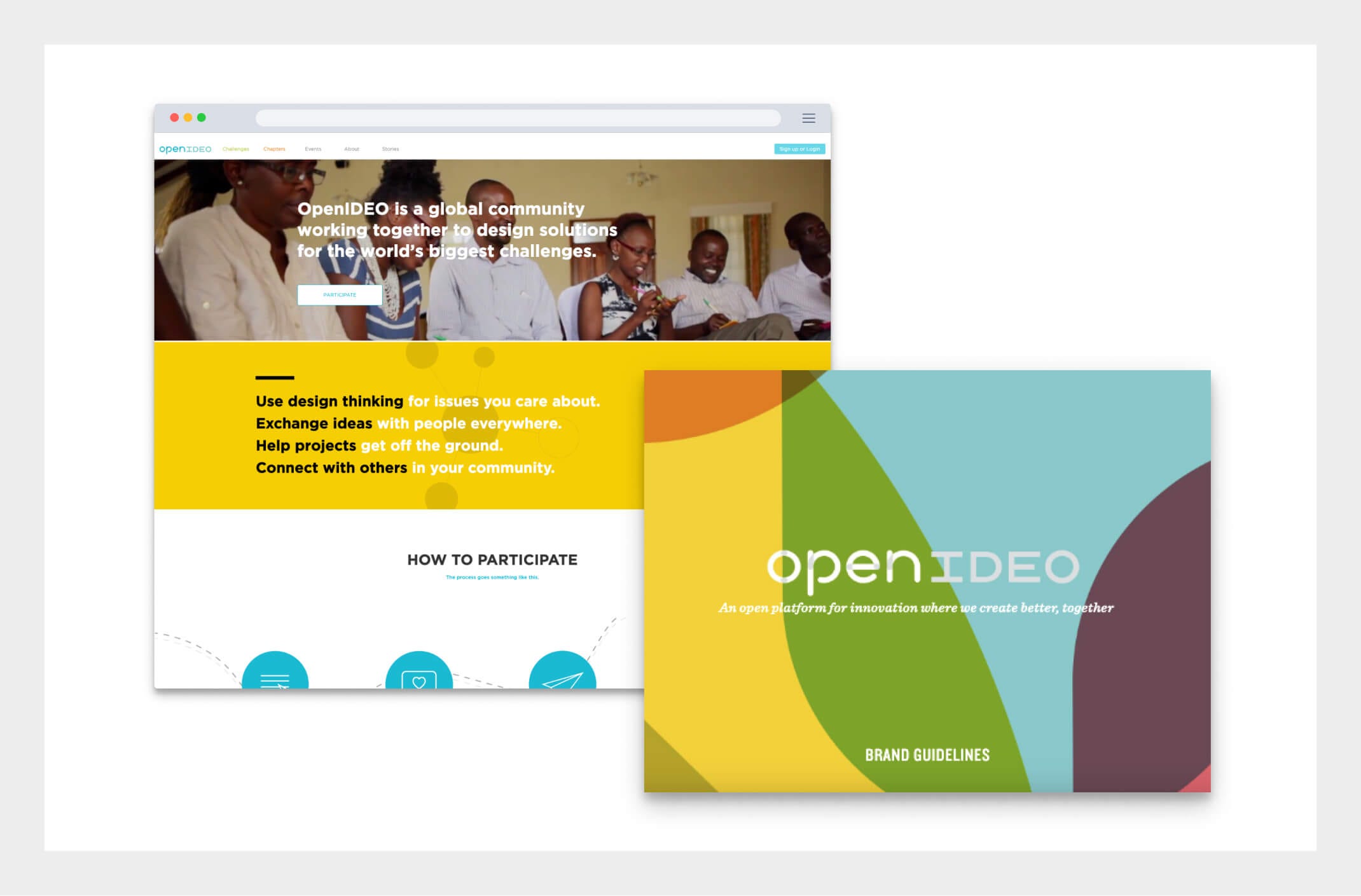 OpenIDEO’s old visual brand identity, including very colorful graphics.