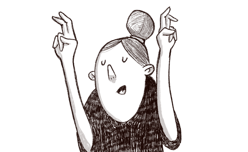 An illustration of a woman gesturing a quotation with her hands.