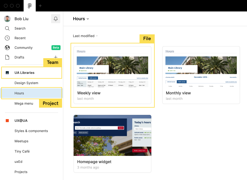 A screenshot of Figma with a team, a projects, a file clearly marked in the workspace
