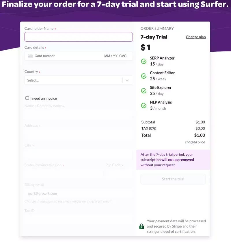 Surfer SEO paid trial