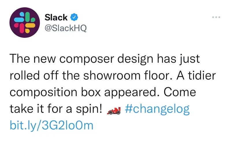 Slack’s new product update announcement on Twitter