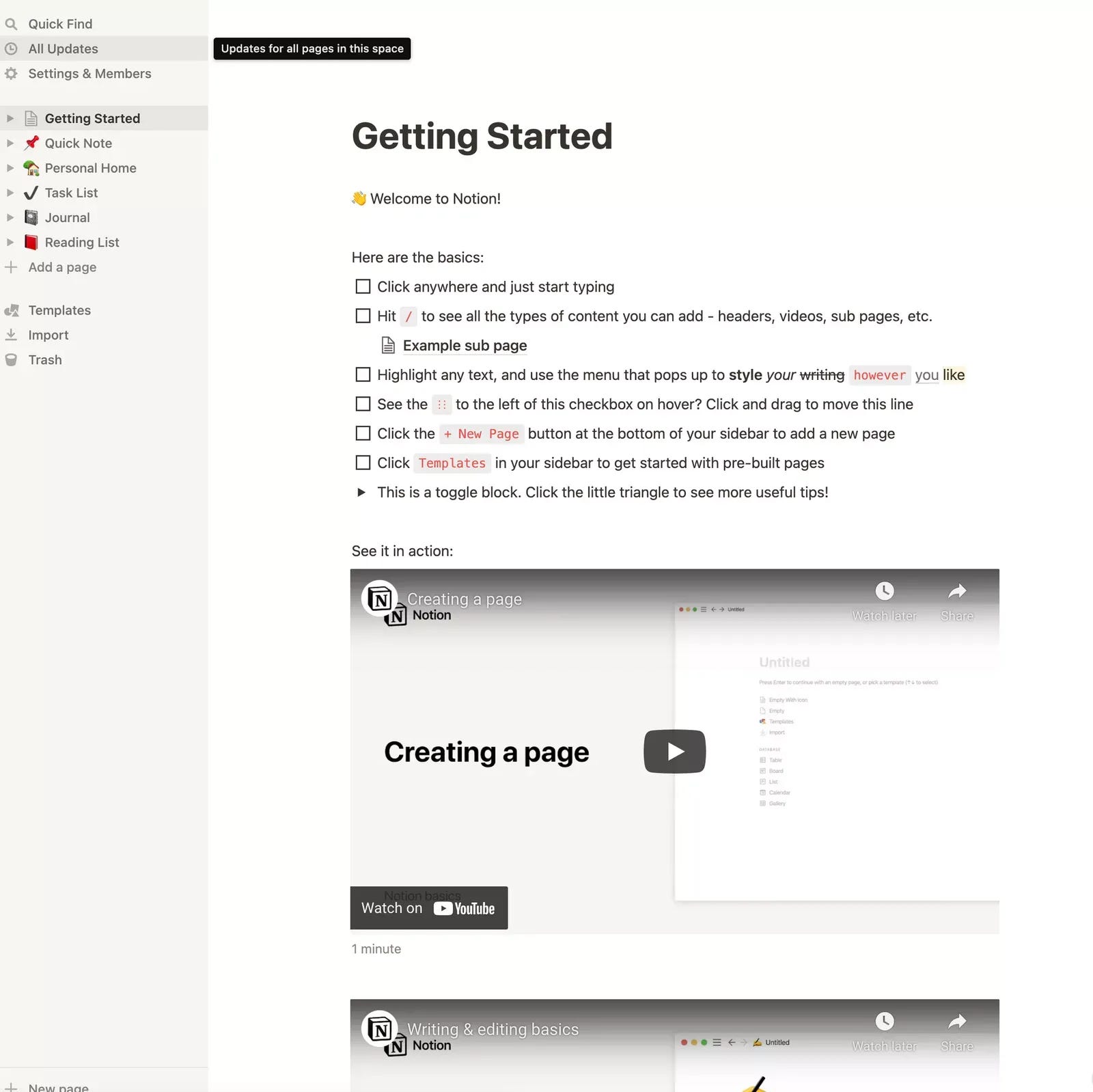 Screenshot of Notion welcome checklist