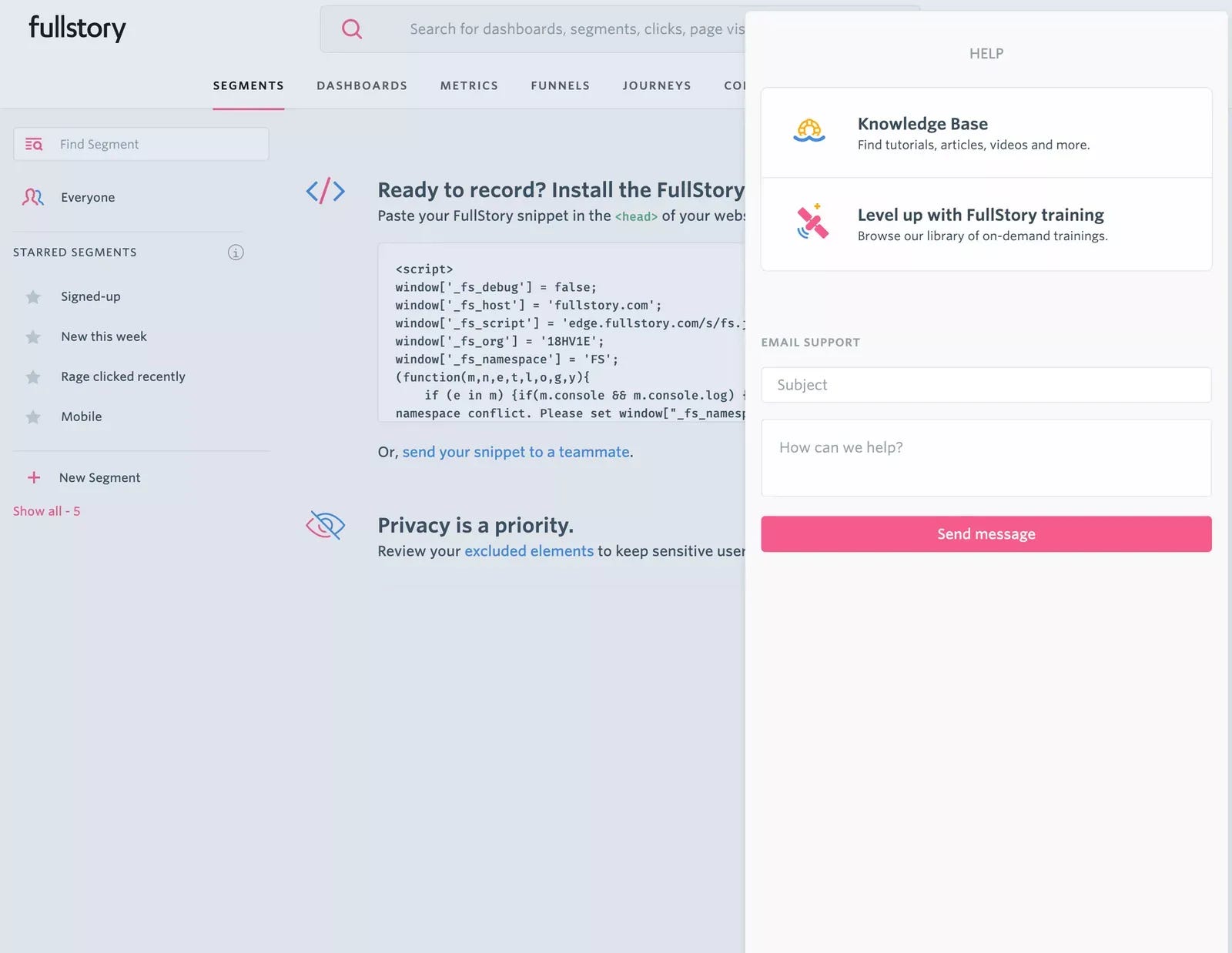 Screenshot of Fullstory resource center