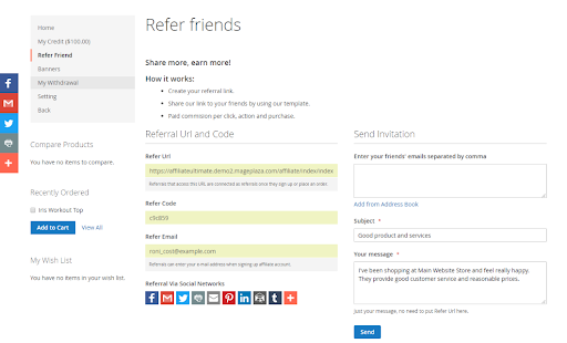 Refer friends in Magento 2 Affiliate extension