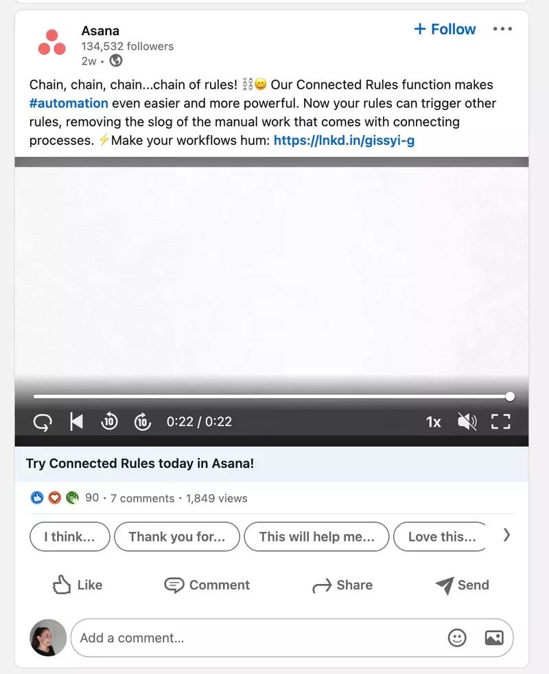 Asana using video in its new product feature announcement.