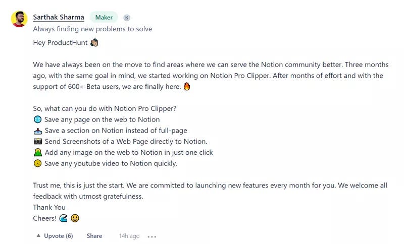 Maker comments in Product Hunt