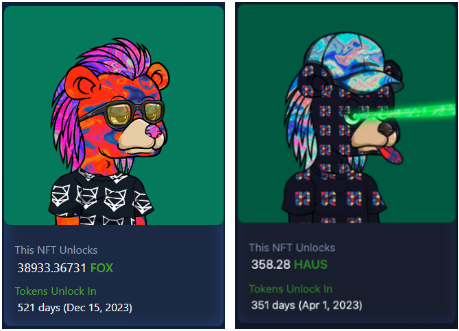 Here are two NFTs sent to contributors of DAOhaus and ShapeShift as part of their monthly compensation. Each NFT shows the amount of tokens locked inside and the date which the NFT can be redeemed for the underlying token.