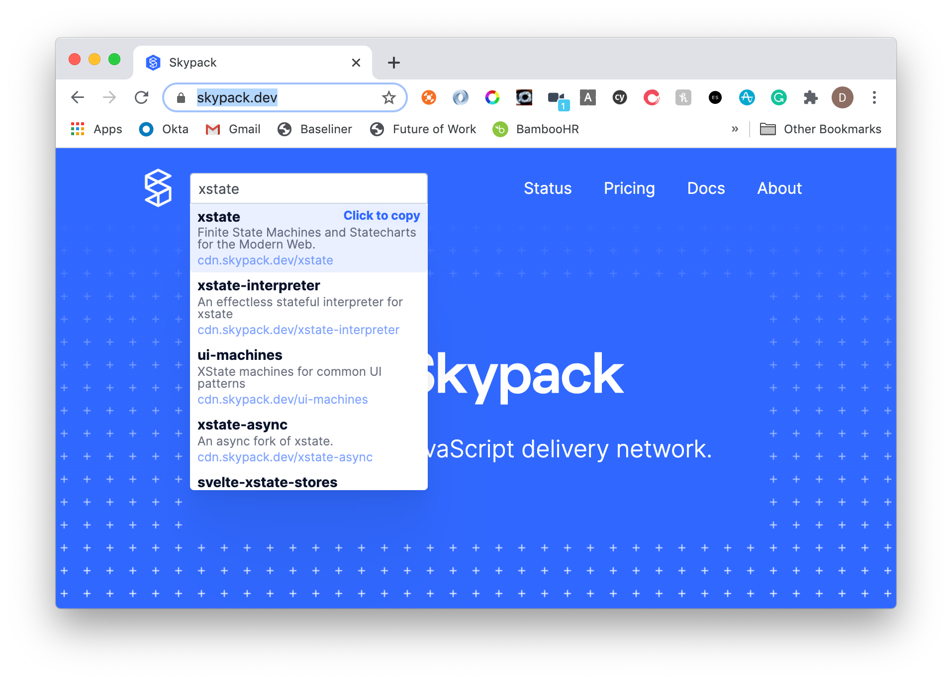 Searching XState on the Skypack CDN website