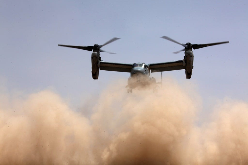 An MV-22B Osprey lands in "brown out" conditions. Marine Corps photo