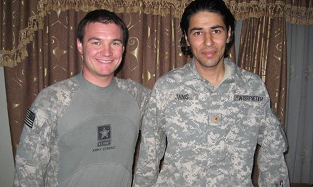 Army veteran Matt Zeller and Afghan interpreter Janis Sherwan in Afghanistan. Photo via No One Left Behind