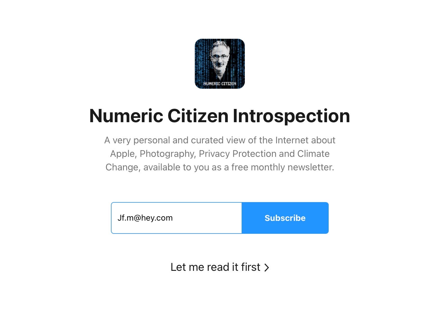 The welcome page for my monthly newsletter