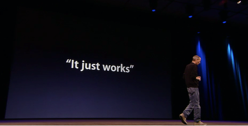 Screenshot of an older Apple Keynote with Steve Jobs where the presentation slide reads: "It just works"
