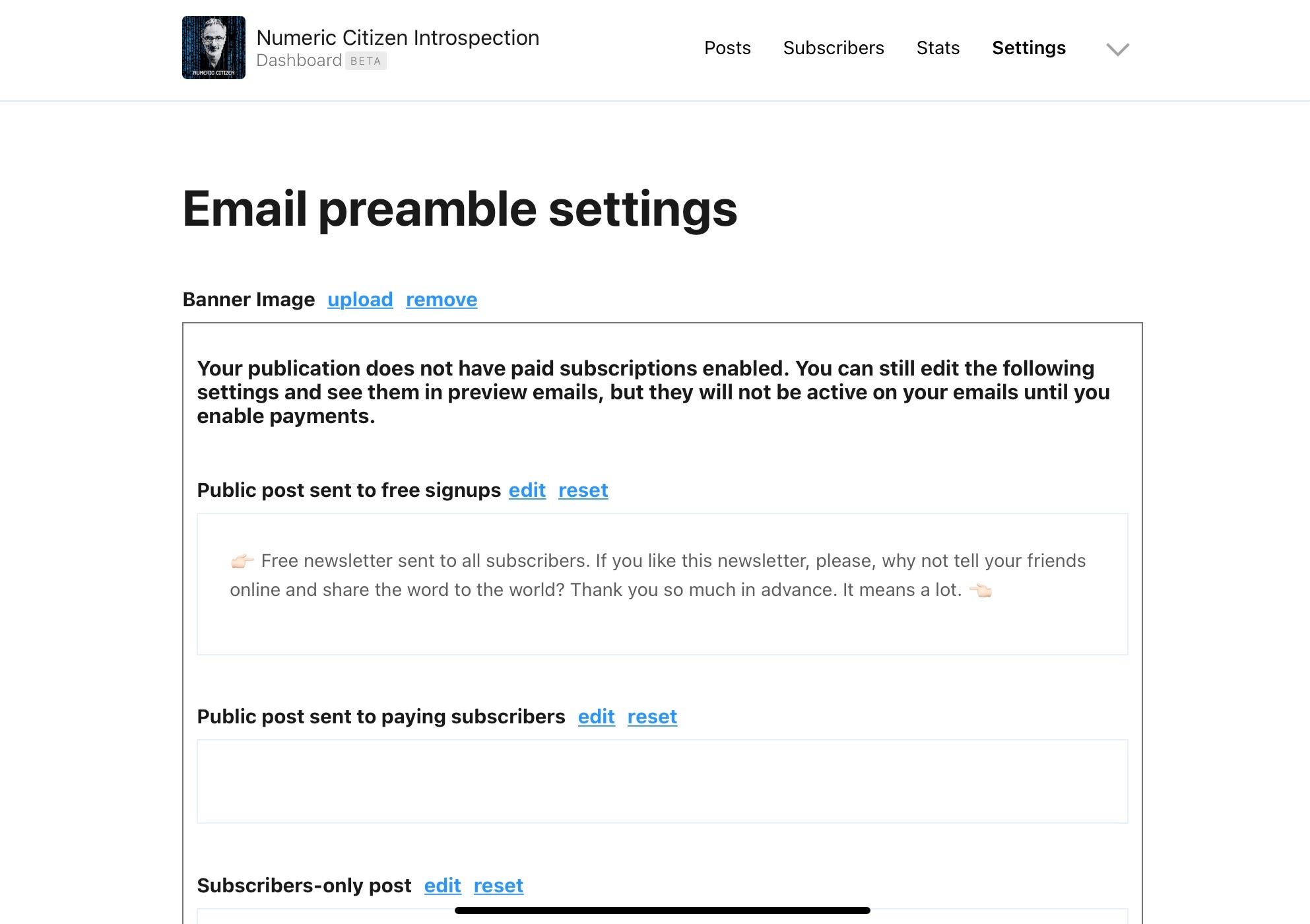 Email preamble settings page
