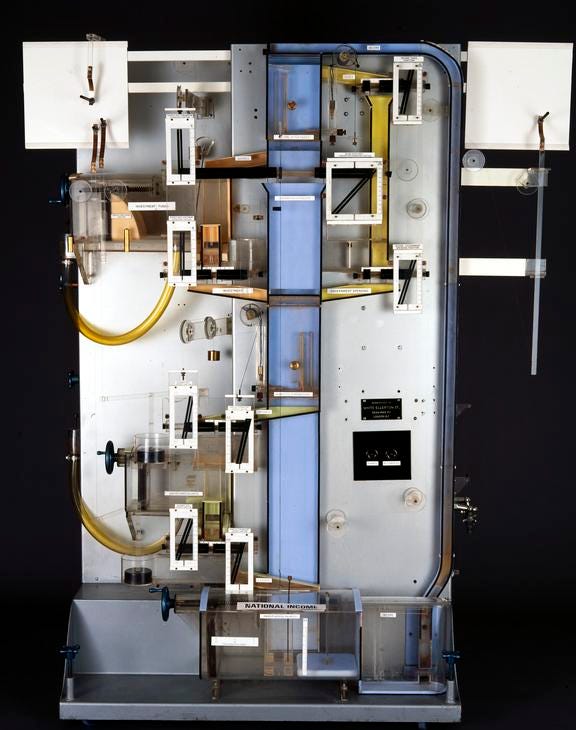 The MONIAC analog water computer used to simulate the UK economy.