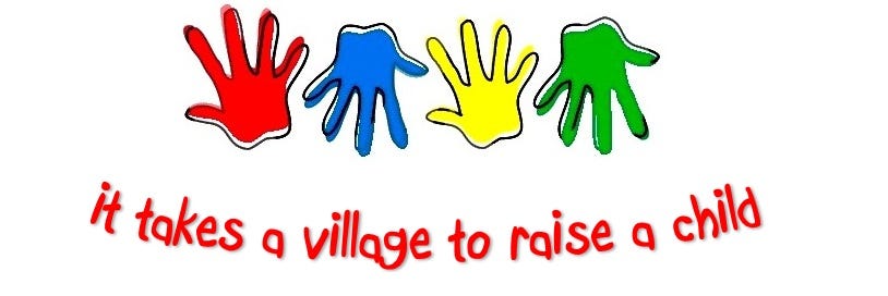 Four hands with the text underneath' "It takes a village to raise a child"