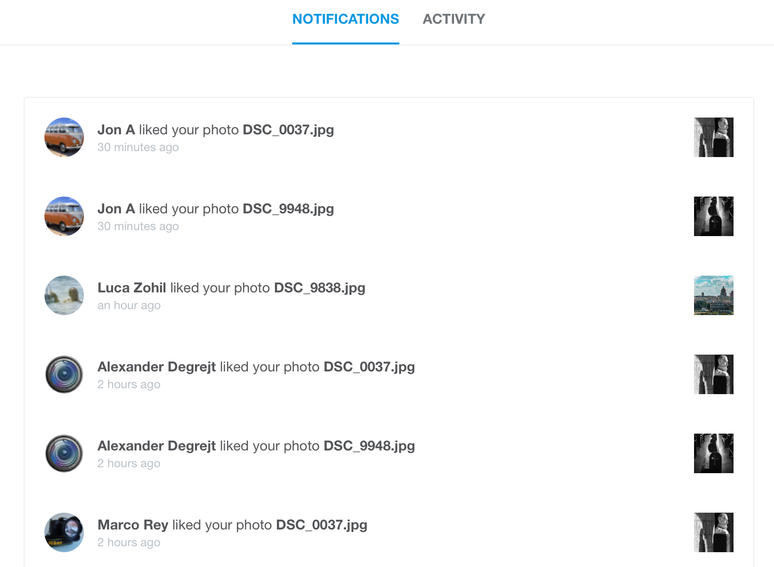500px notifications view