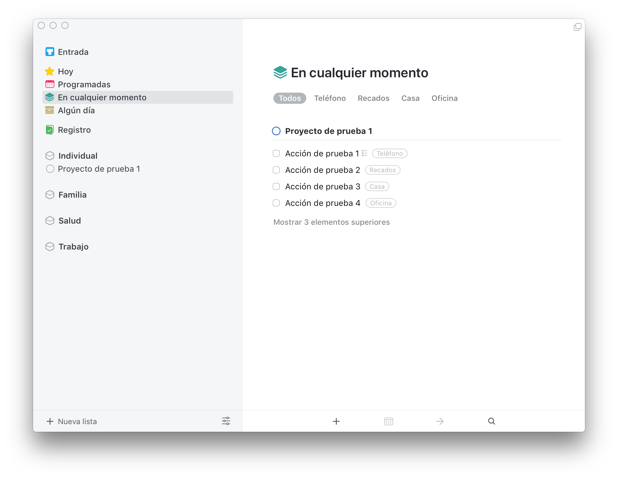Vista En cualquier momento. En cabecera, los contextos que disponen de acciones activas para poder filtrar.