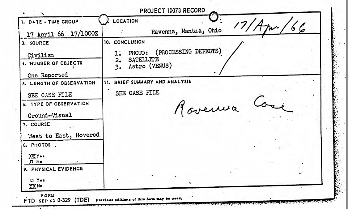 File card for April 17, 1966 UFO sighting in Portage County, Ohio.