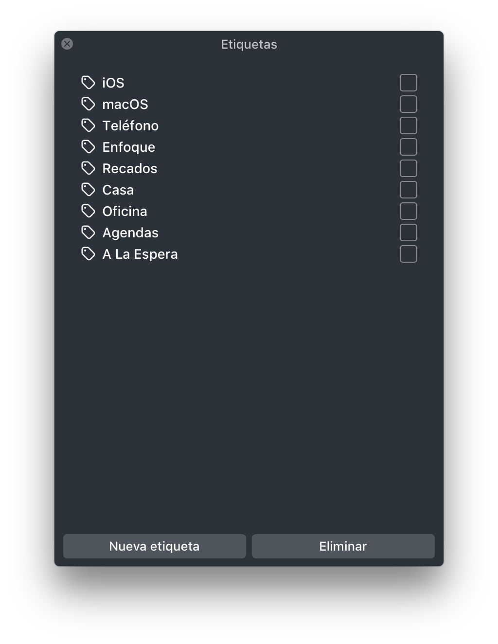 Ventana de etiquetas/contextos en Things3