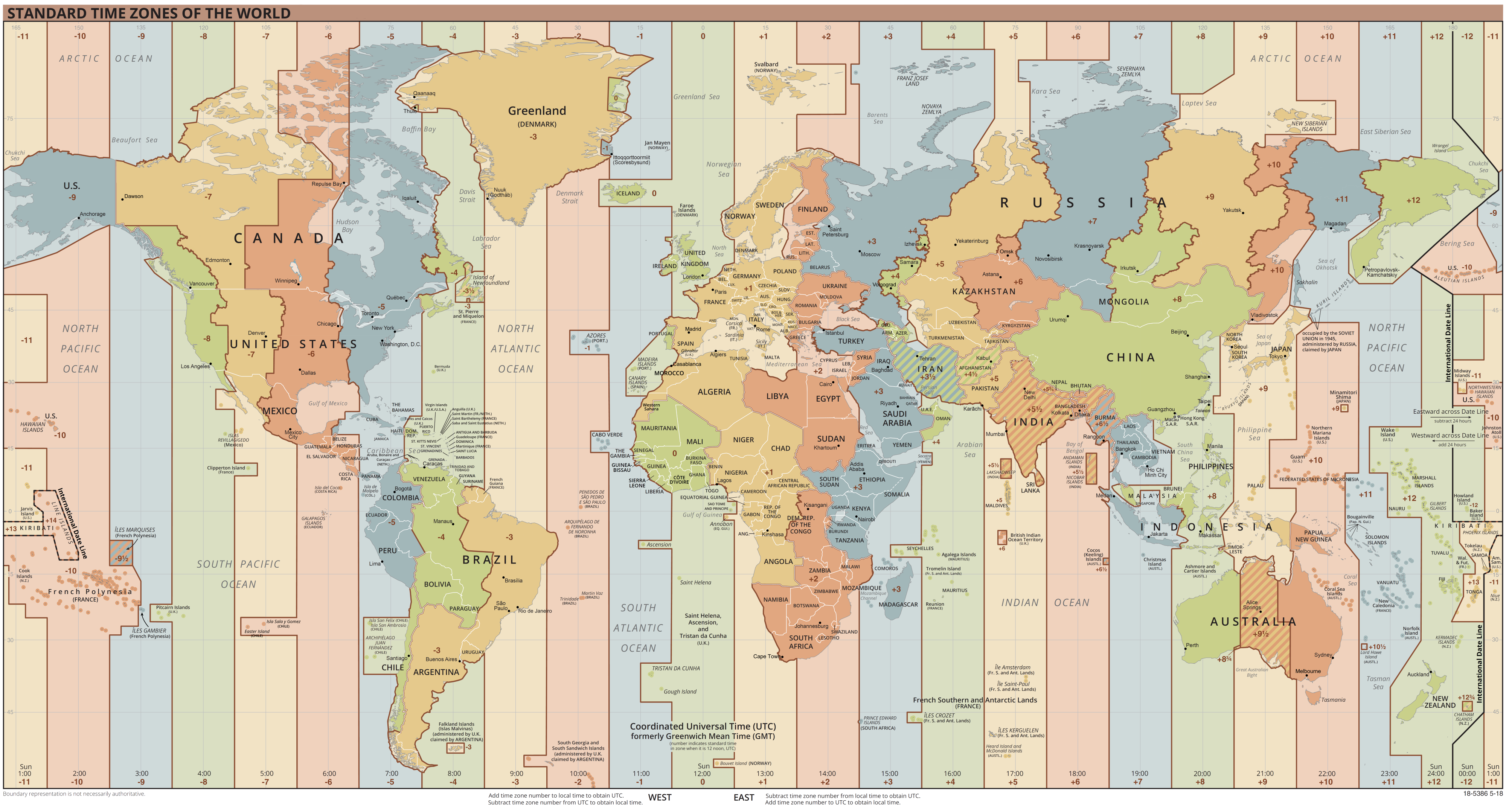 Map of the World Time Zones divided into Coordinated Universal Time, UTC