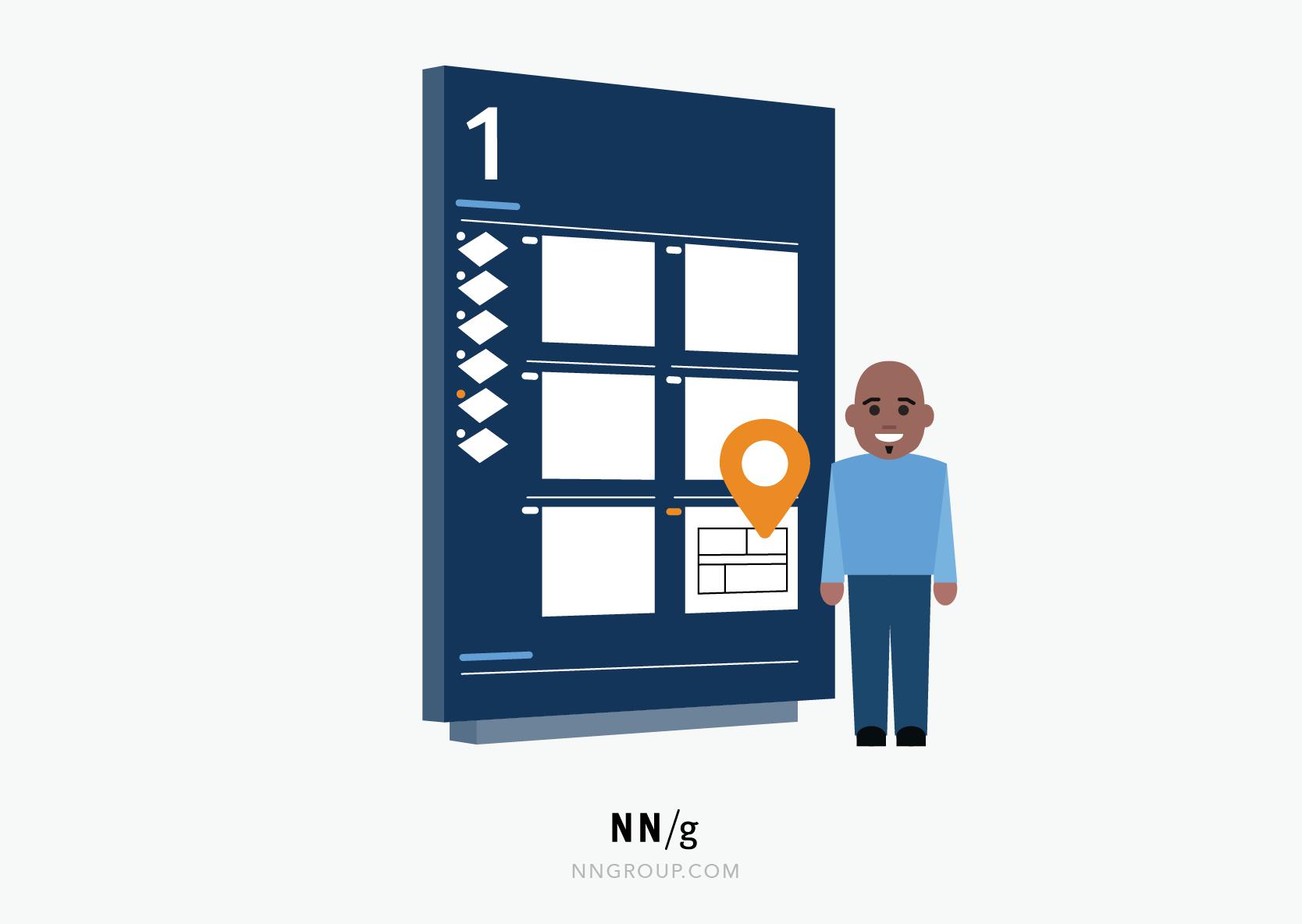 A man is standing next to a directory, where several screens are. A large orange pin is stuck in one of the screens, which shows exactly where the person is.