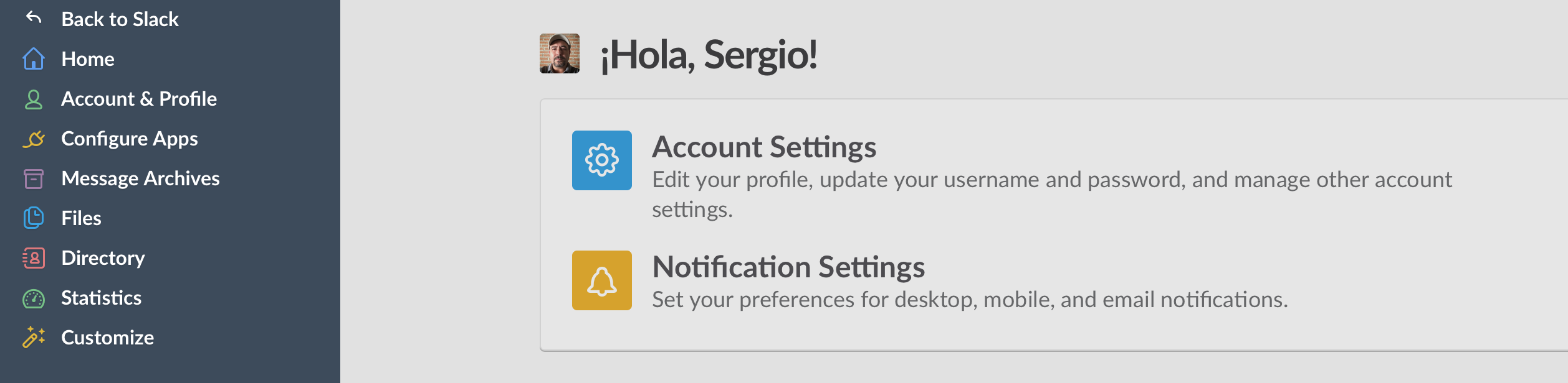 Menú general en la consola de administración de Slack