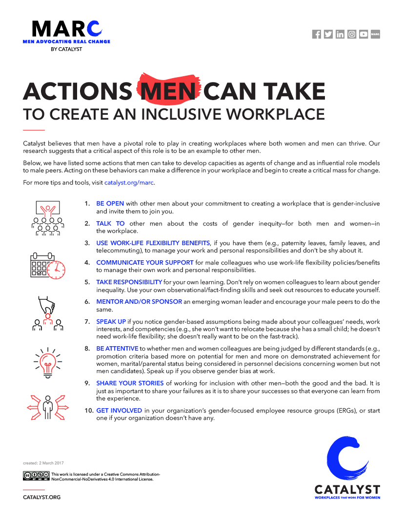 10 actions men can take to create an inclusive workplace (from Catalyst)