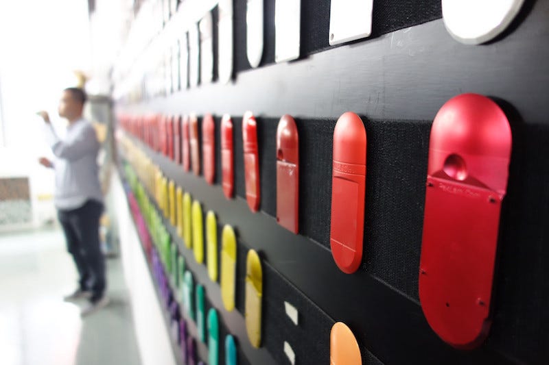 This is a tiny part of the materials and color library of a design house. No design house would even dream of just delivering a rendering when they can also show the real thing in a prototype. Photo: Peter Bihr (CC by-nc-sa)