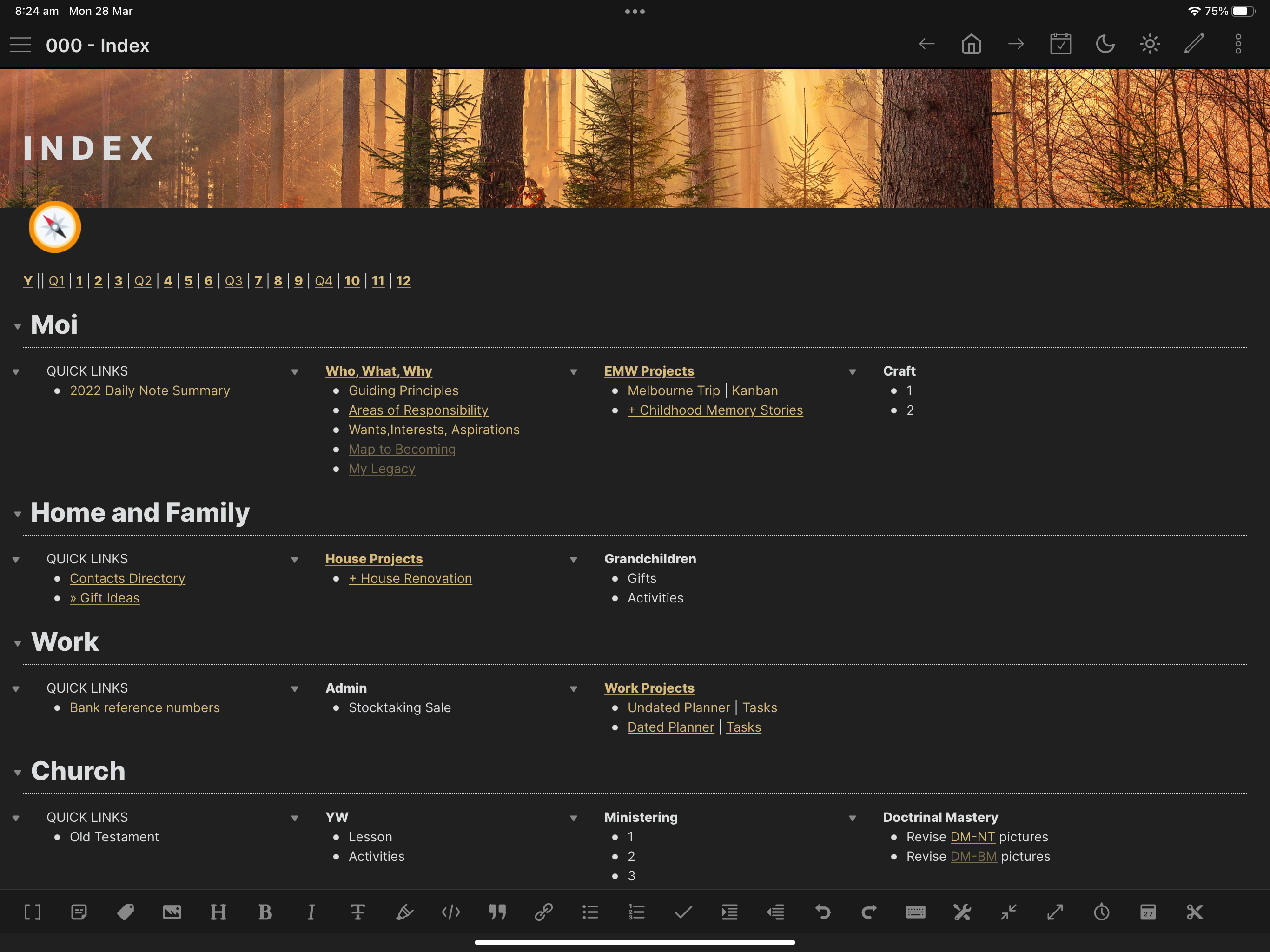 Screenshot of Obsidian Index page in dark mode, with a golden forest banner and a multi-column grid of text underneath