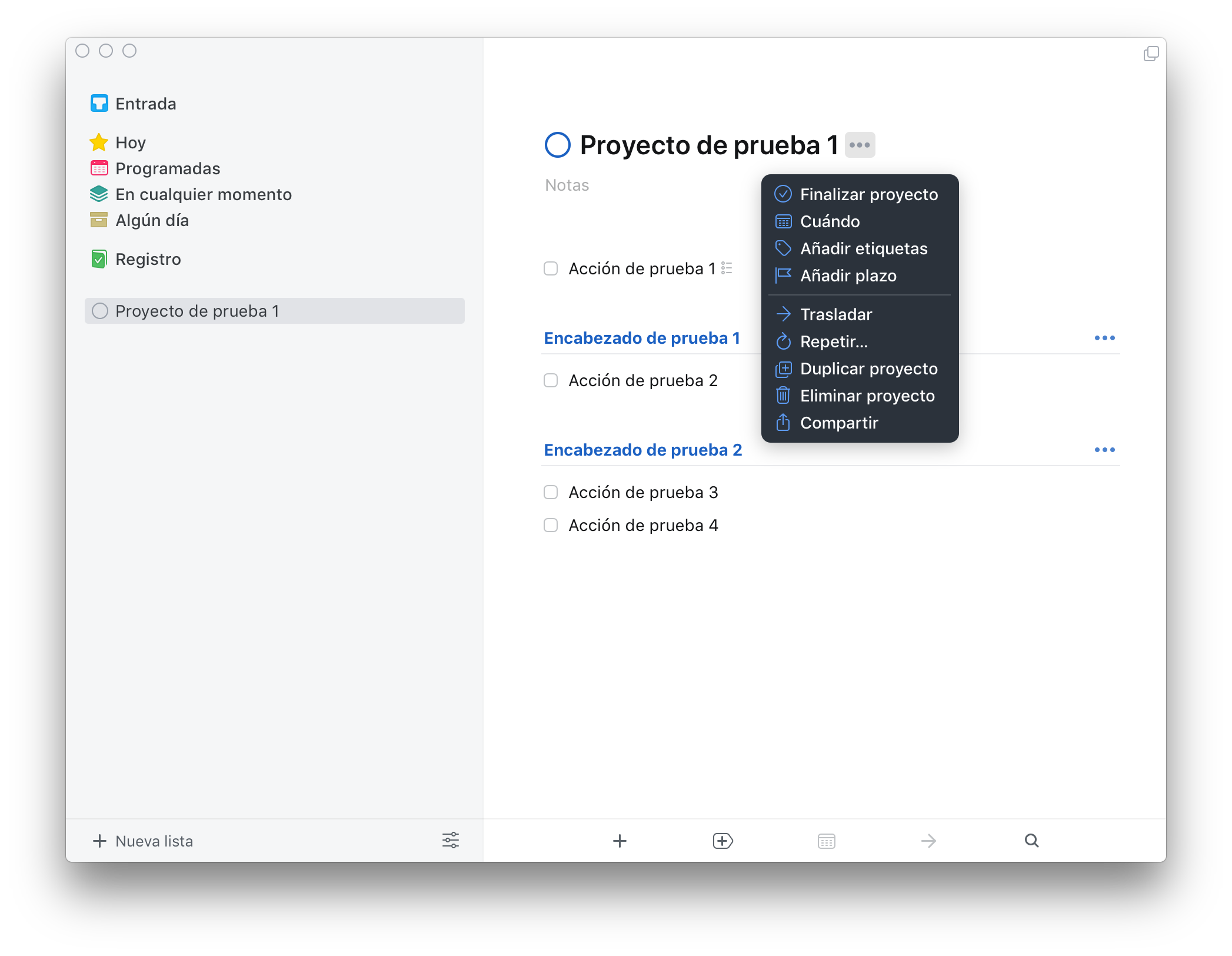 Vista de proyecto con acciones y encabezados, y menú emergente de proyecto activo