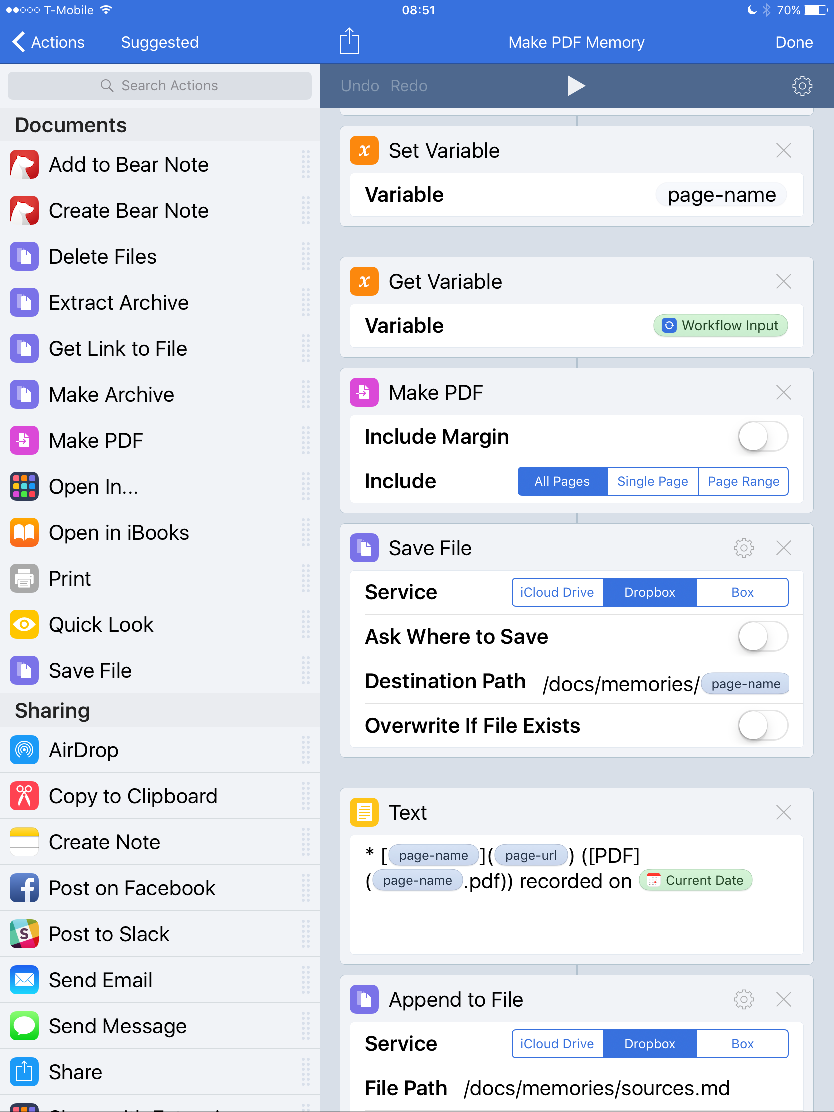 The aforementioned web-to-PDF action, implemented in Workflow