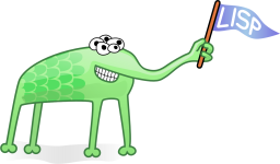 Imaginary green creature with five eyes and four legs holding a pennant with the work LISP written on it