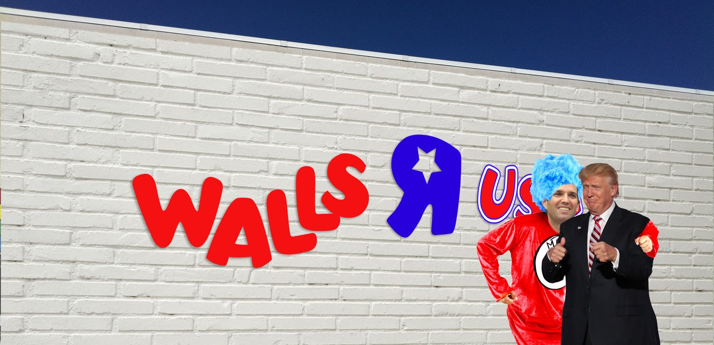 Drumpf and unnamed investor at opening of Walls-R-Us, which has no way in or out.