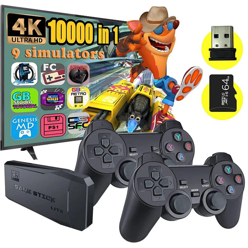 Video Game Console 4K HD Game Stick 10000 Games 64Gb with 2X Wireless  Controller
