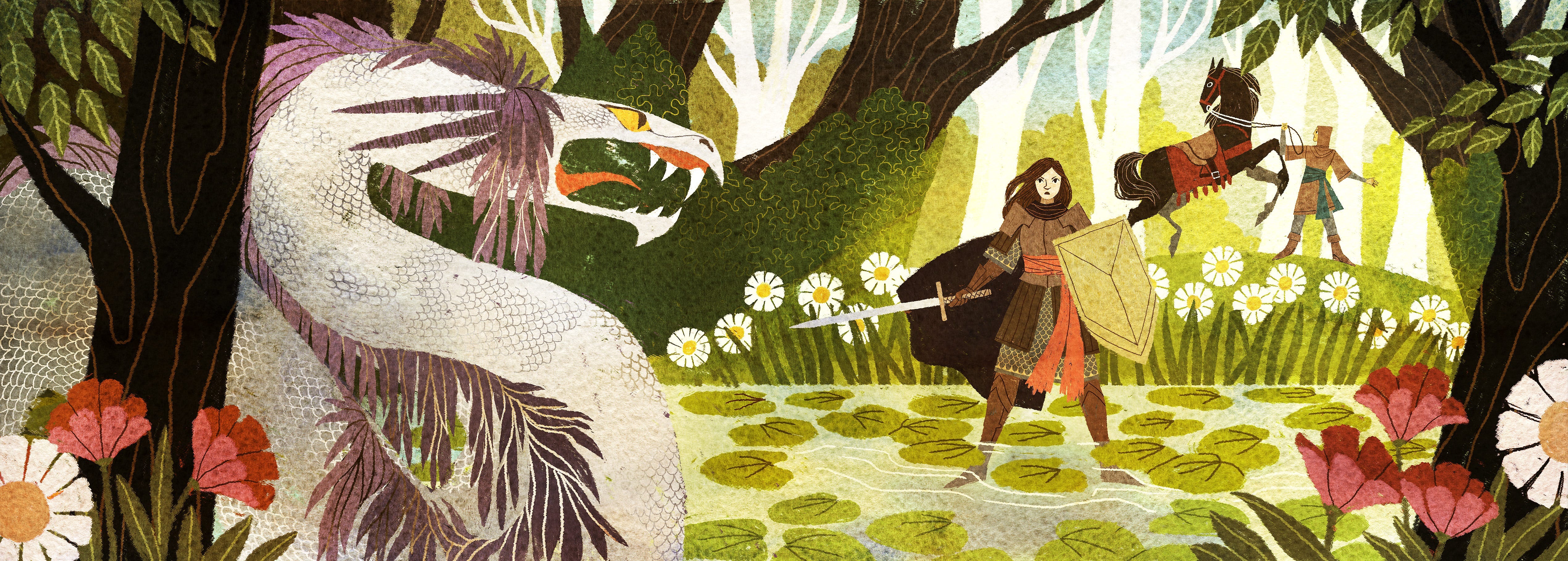 Promotional image of Dolmenwood showing a female knight challenging a giant serpentine creature
