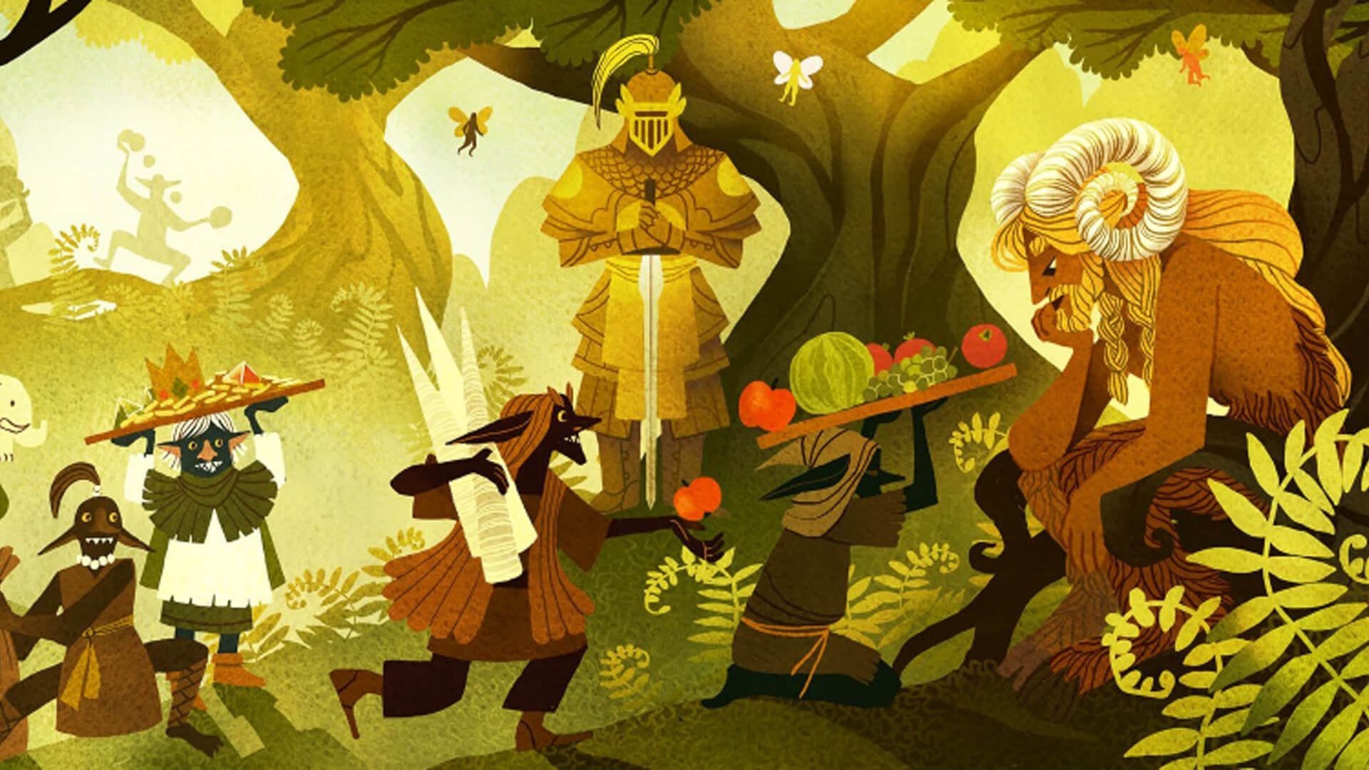 Promotional image of Dolmenwood; some fae are showing offerings to a larger fae creature that looks like a faun