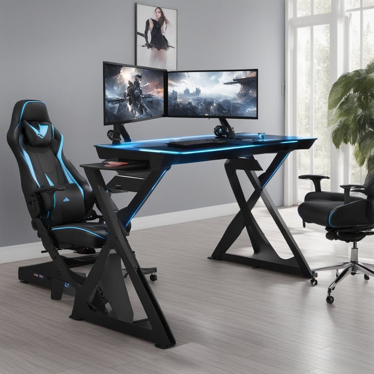 Bestier Gaming Desk 63'' Computer Office table with LED Lights & Monitor  Stand, Black